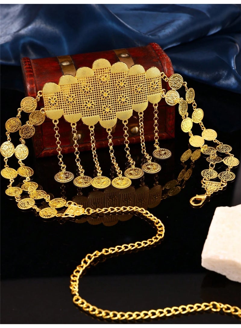 زينه يوم التأسيس حزام خصر نسائي مطلي بلون الذهب قابل للتعديل بتصميم عملات معدنيه مثالي للاحتفال بيوم التأسيس السعودي ويضيف لمسة تراثية فاخرة لإطلالتك. - Image 2